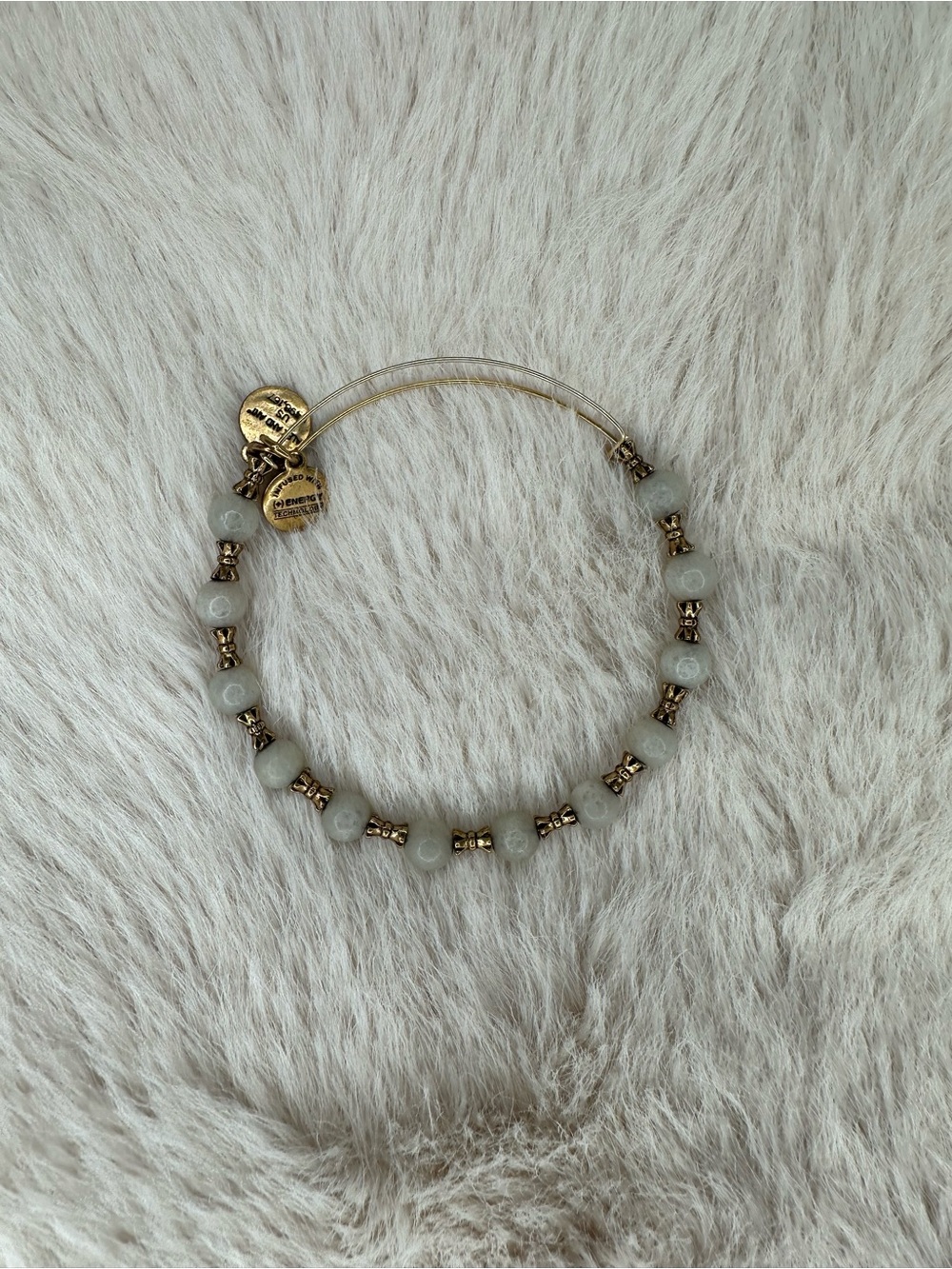 Alex and Ani beaded charm bangle bracelet white stone beads and gold metal